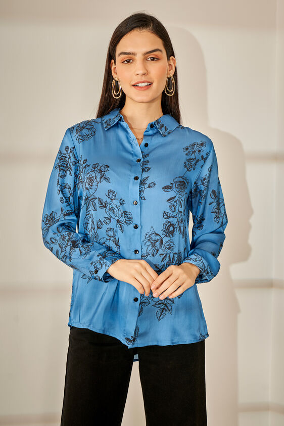 Blue and Black Floral Round Neck Top, Blue, image 1